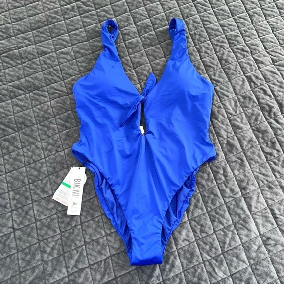 The Bikini Lab One Piece Swimsuit Women Large Blue Front Tie Plunging V Neck N - Picture 3 of 10